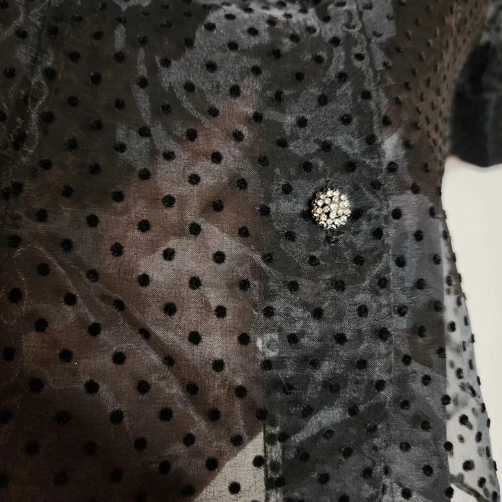 NWT Zara Jewel Button Black Sheer Velvet Dot Puff Sleeve Blouse Top Size Small